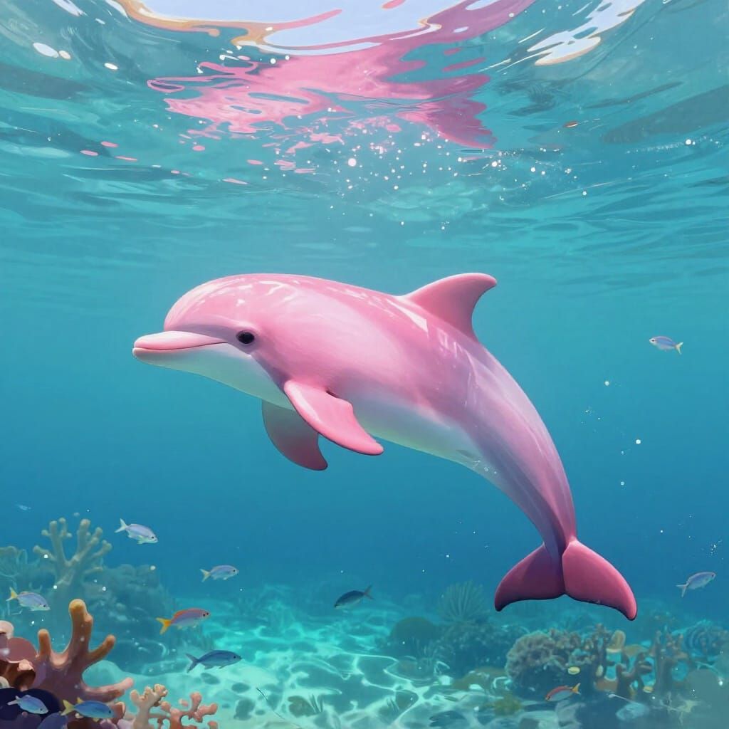 Vibrant Pink Dolphin in Crystal Clear Turquoise Water