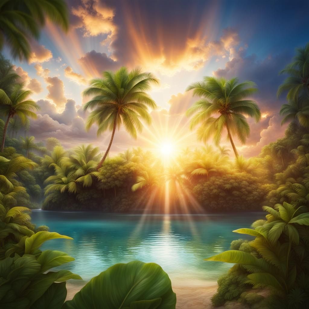 Tropical Island Sunset Oasis in Soft Focus