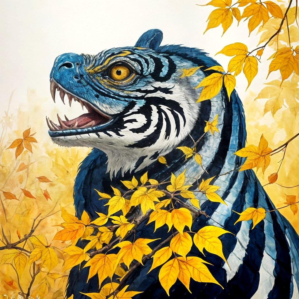 Playful Cobra Among Autumn Leaves in Watercolor Style