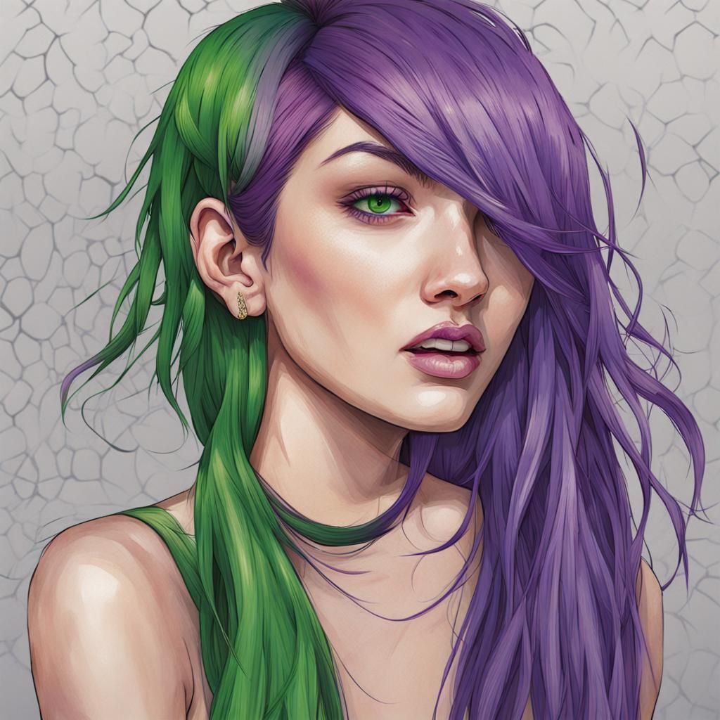 Woman with Purple and Green Streaked Hair