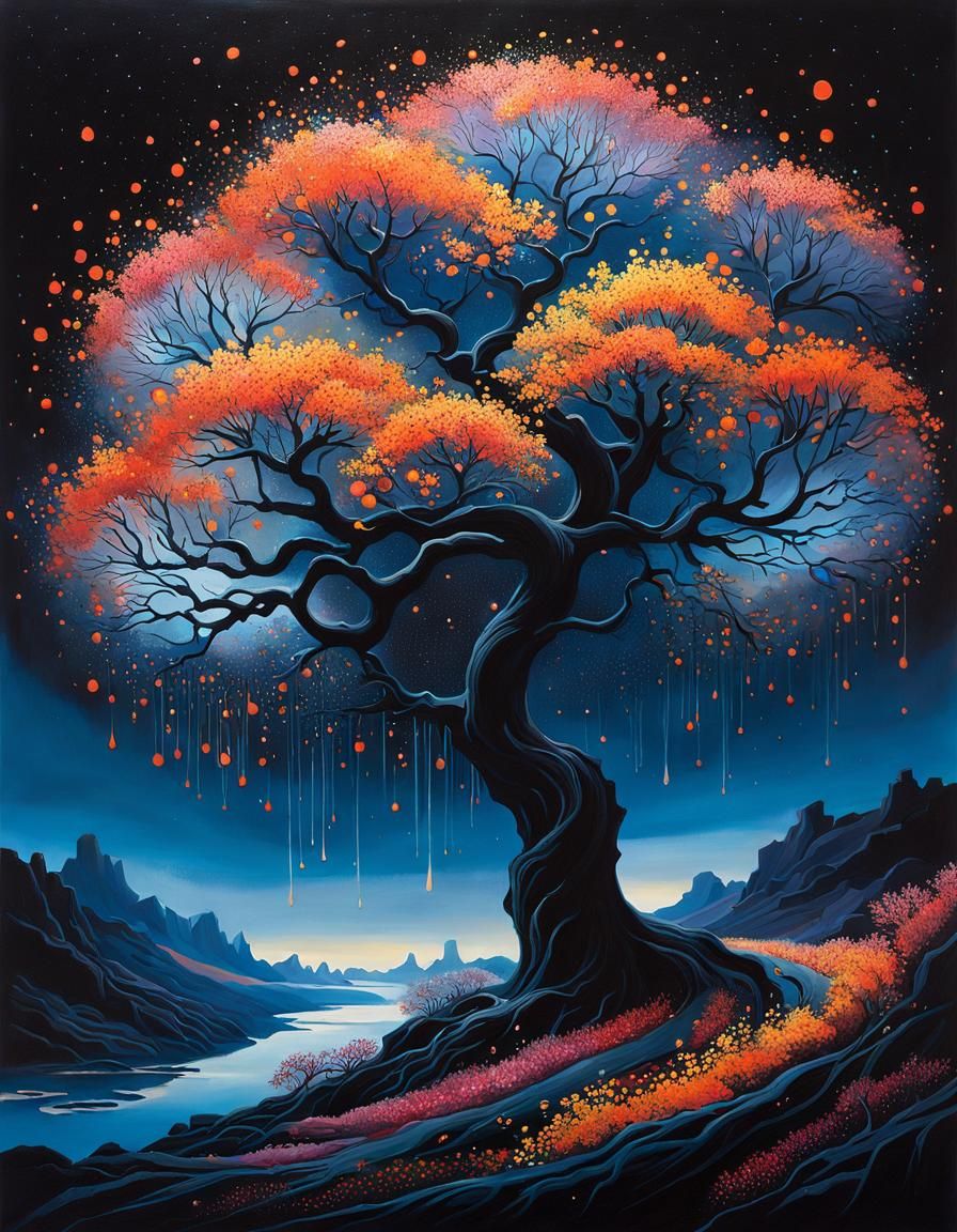 Disintegrating Flower Tree in a Glowing Landscape