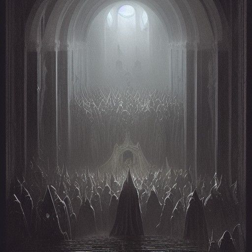 Eerie Tomb Scene with Dark Cloaked Figures