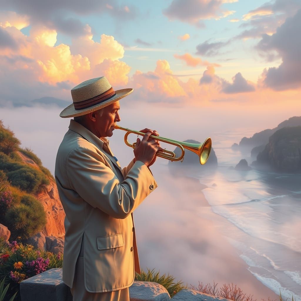Trumpeter on a Serene Morning Beach