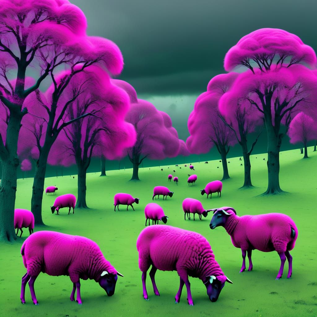 Surreal Fuchsia Sheep in Psychedelic Meadow