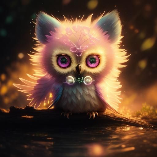 Chibi Owl with Sakura Flowers in Surreal Neon