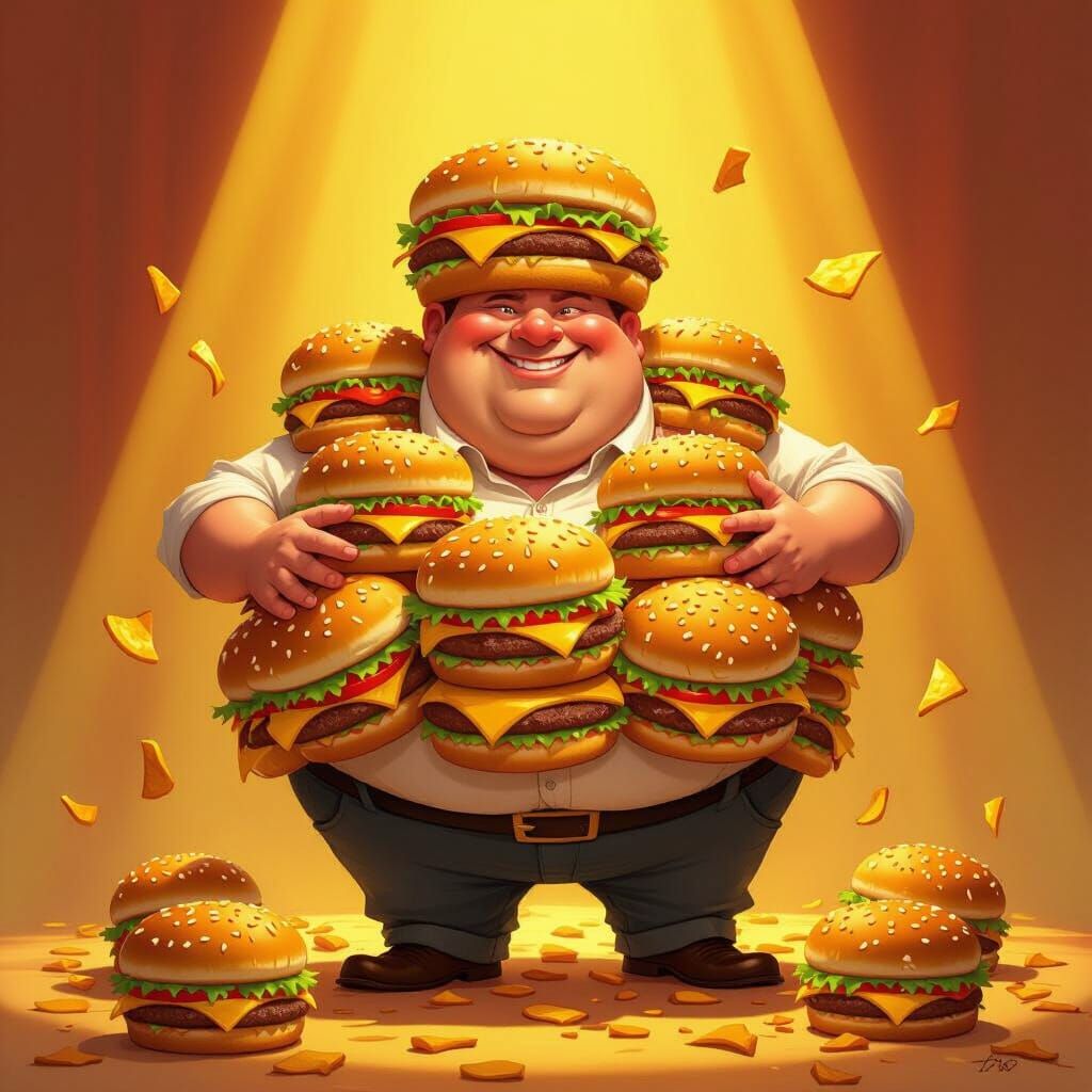 Jovial Man Covered in Big Macs in Caricature Style
