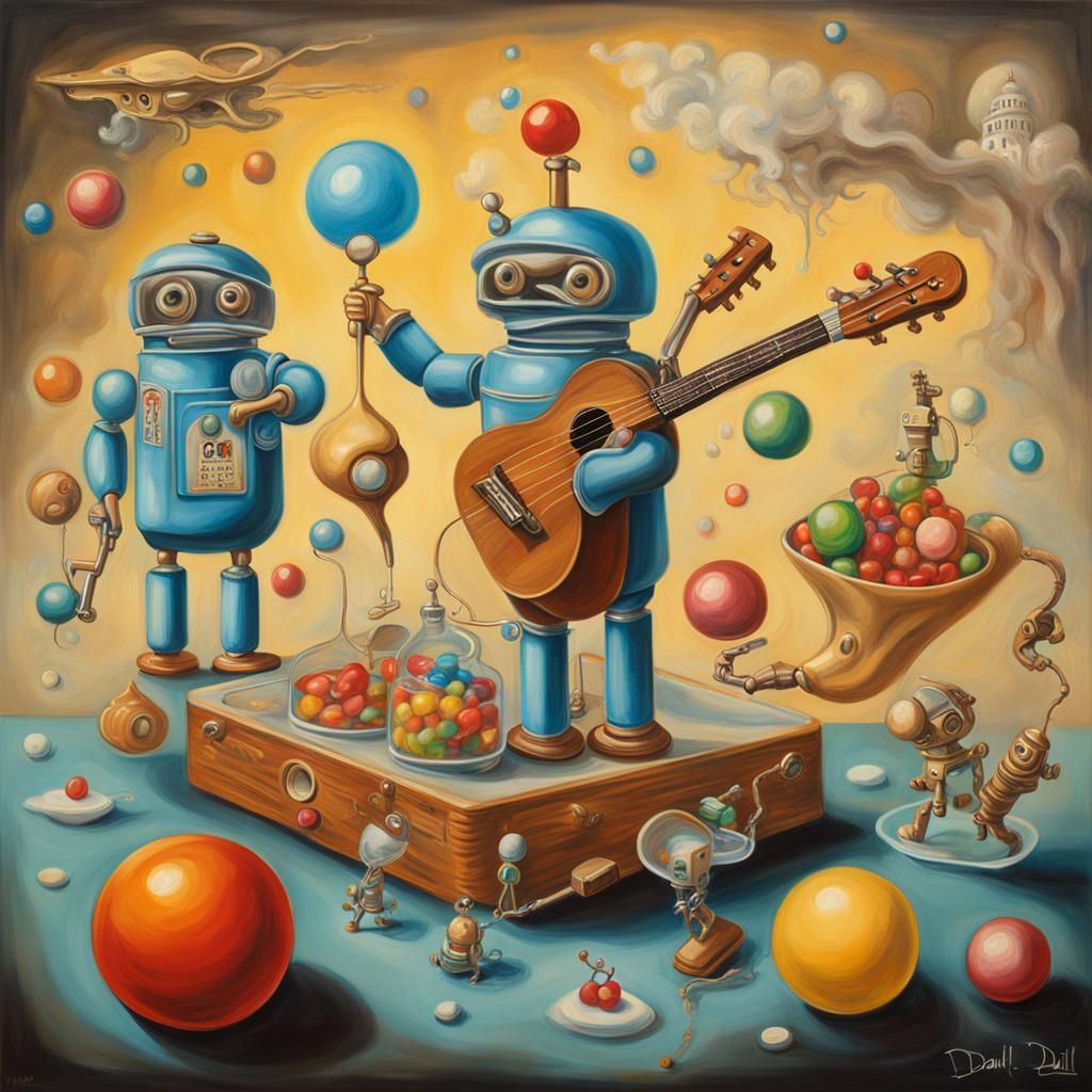 Surreal Robot Picnic with Kids, Salvador Dali Style