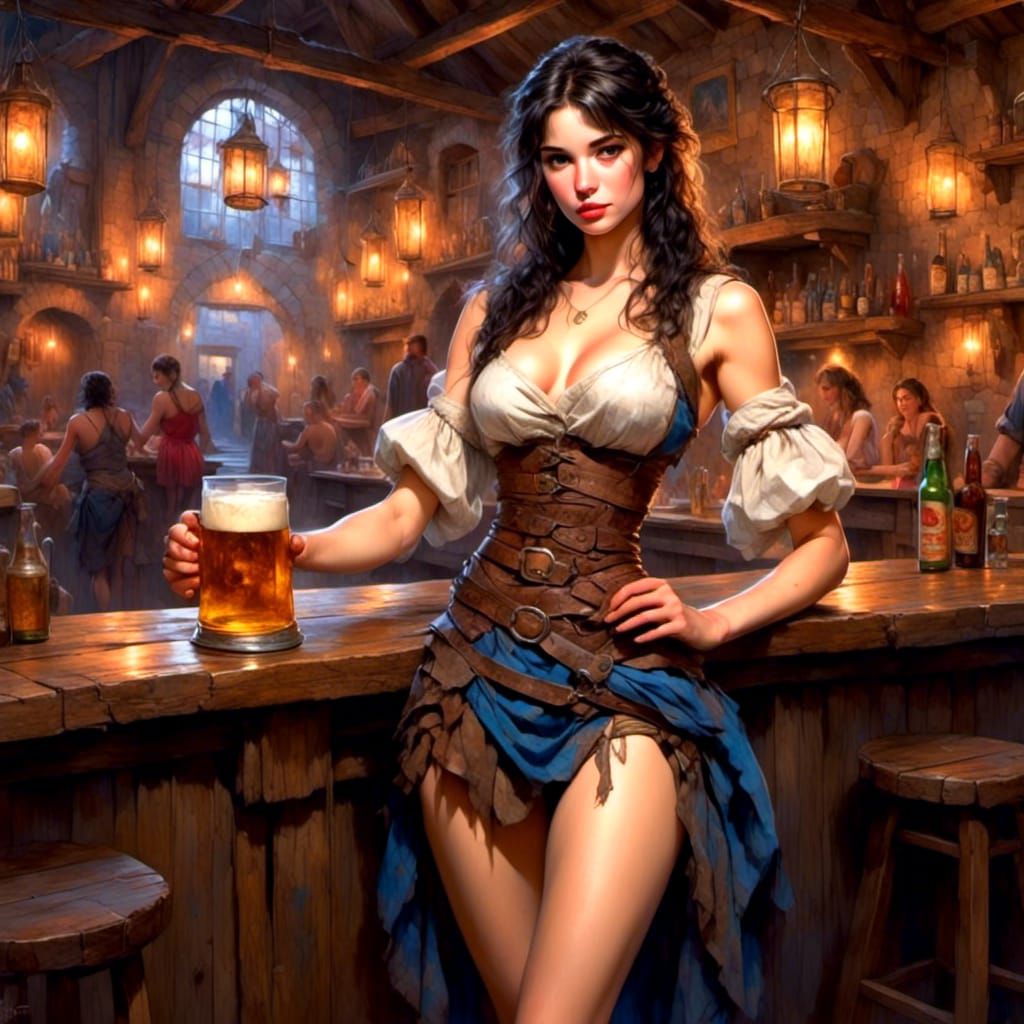 Barmaid Pin-Up in Tavern with Tankard