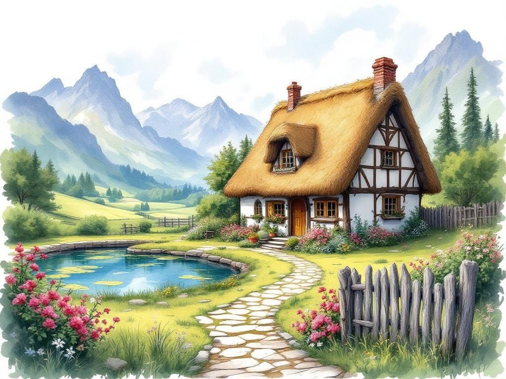 Quaint Thatched-Roof House Near Pond in Watercolor Style