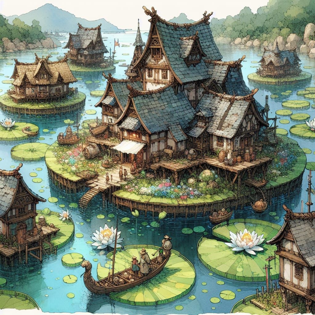 Fantasy Fishing Village on Floating Lily Pads