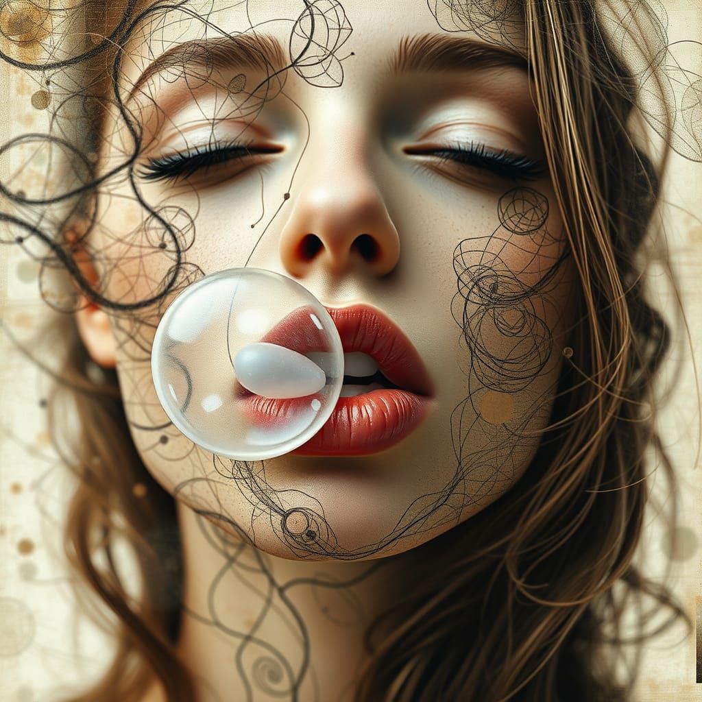 Surreal Close-up Portrait of a Beautiful Model Blows a Chewi...
