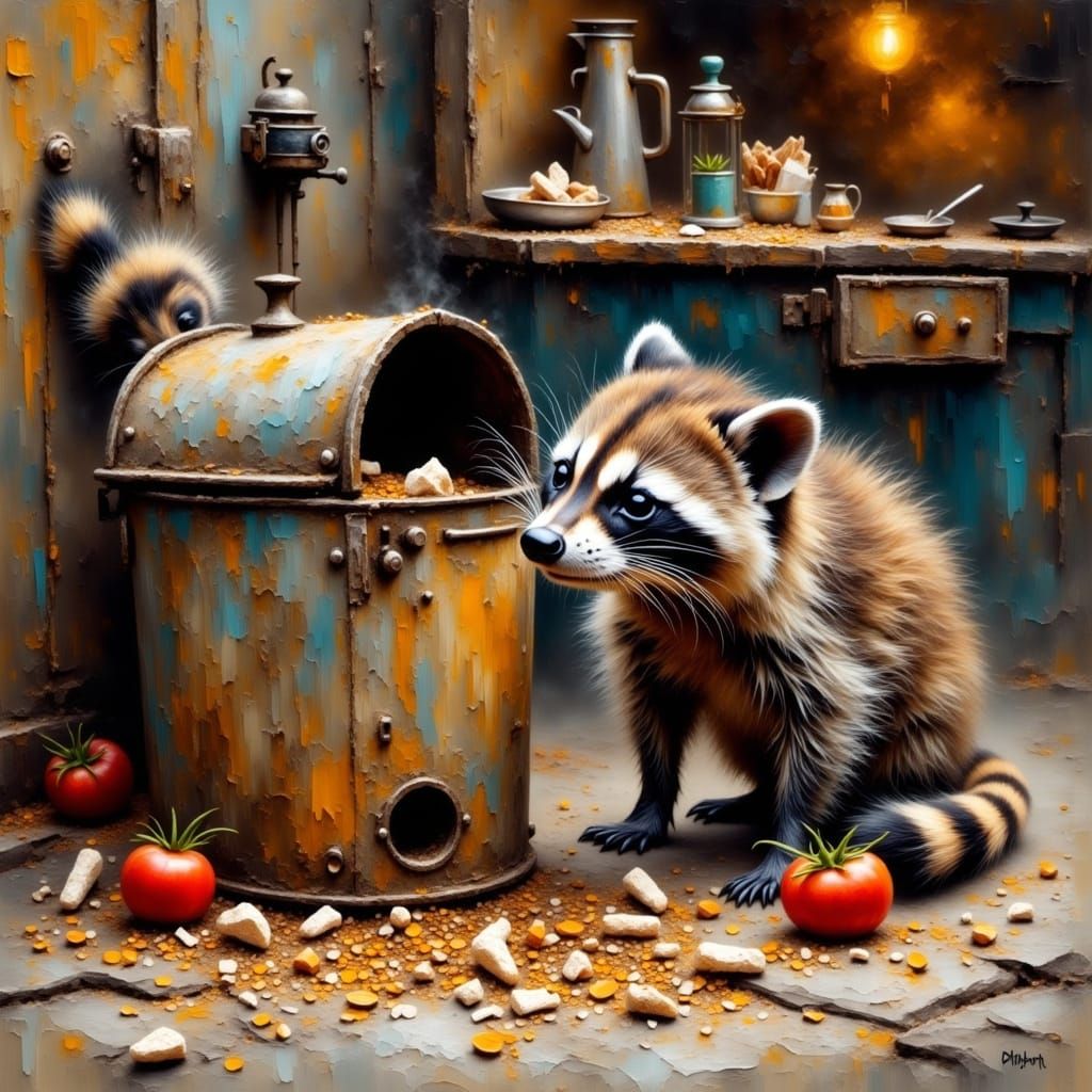 Raccoons Foraging in Paris, Beatrix Potter Style