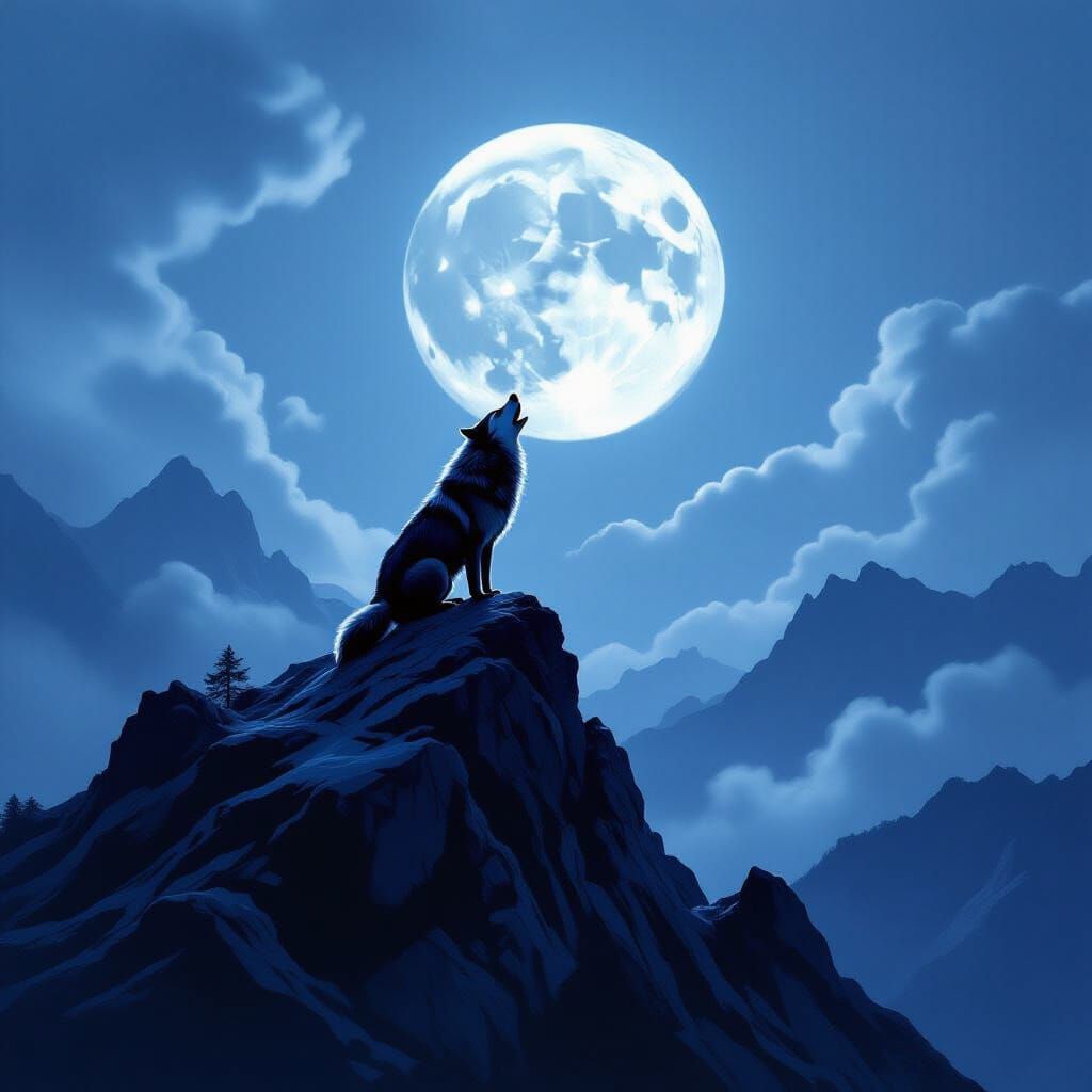 Wolf Howling at Moon on Stormy Mountain Peak