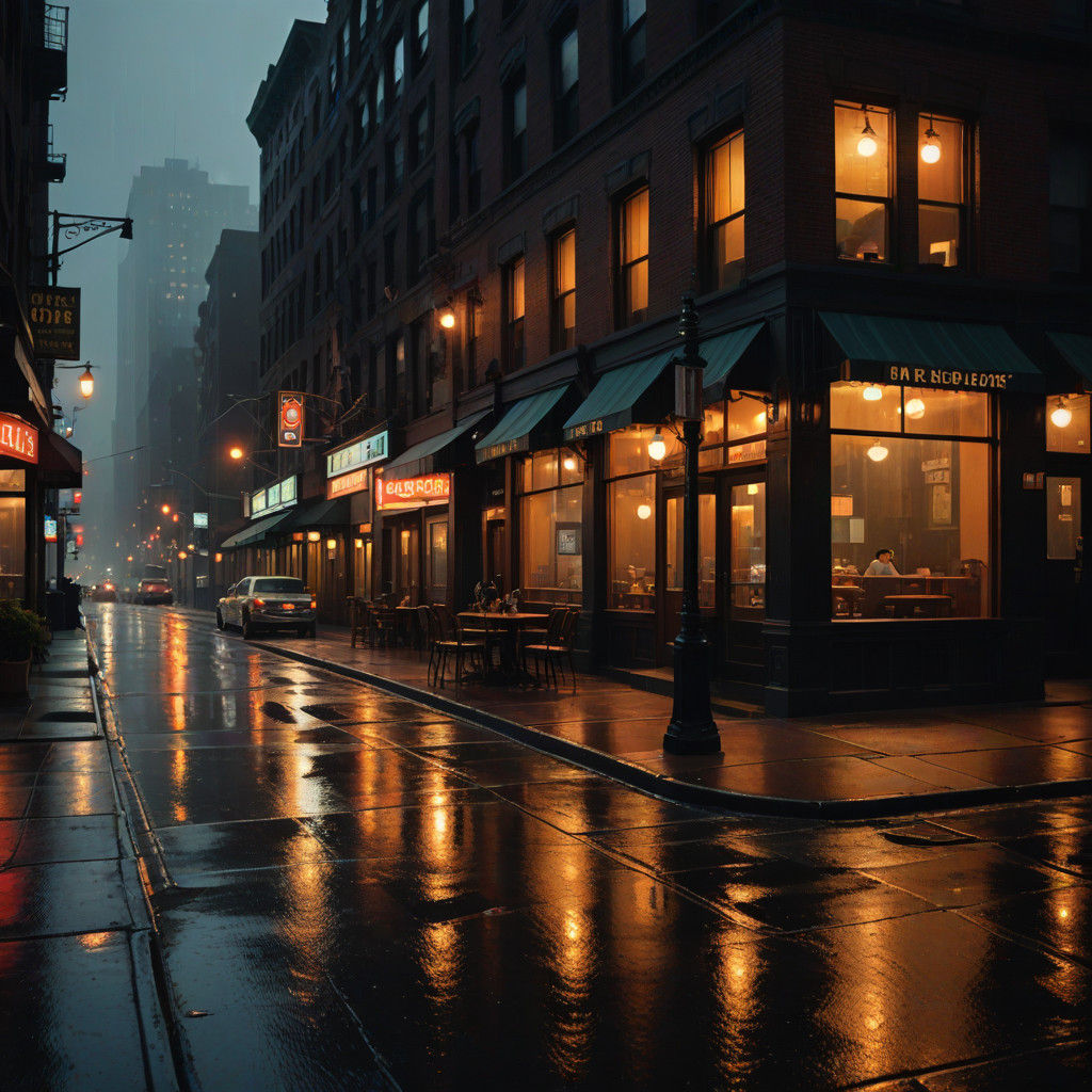 Rainy City Streets at Midnight: An Oil on Canvas Masterpiece