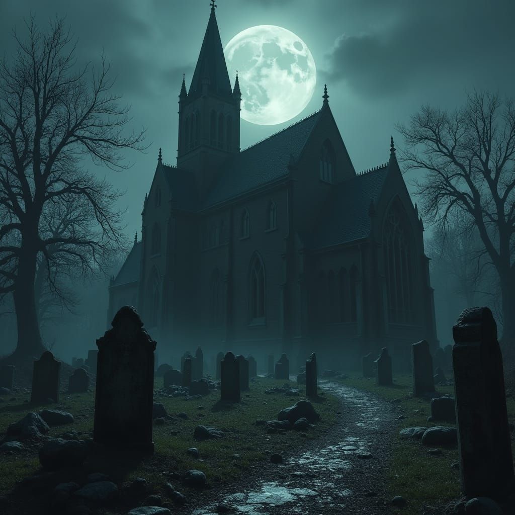 Eerie Gothic Church Under Moonlight in Dark Style