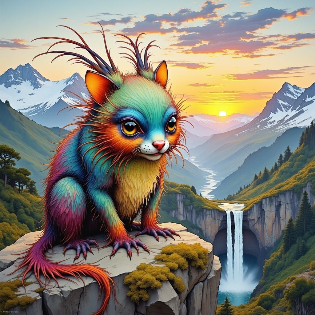 Eye Creature Overlooking Mountain Valley in Neurographic Art