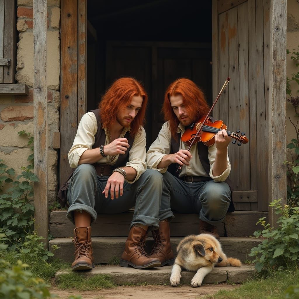 Red Haired Couple in Gypsy Attire on Cottage Stairs