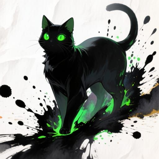 Bioluminescent Cat Emerging from Ink Splatters