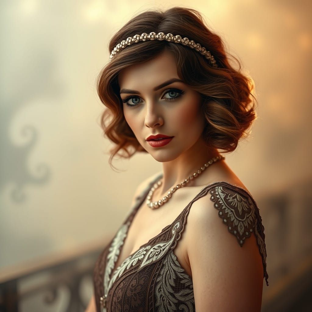 Enchanting Flapper Goddess in Whimsical Retro Dreamscape