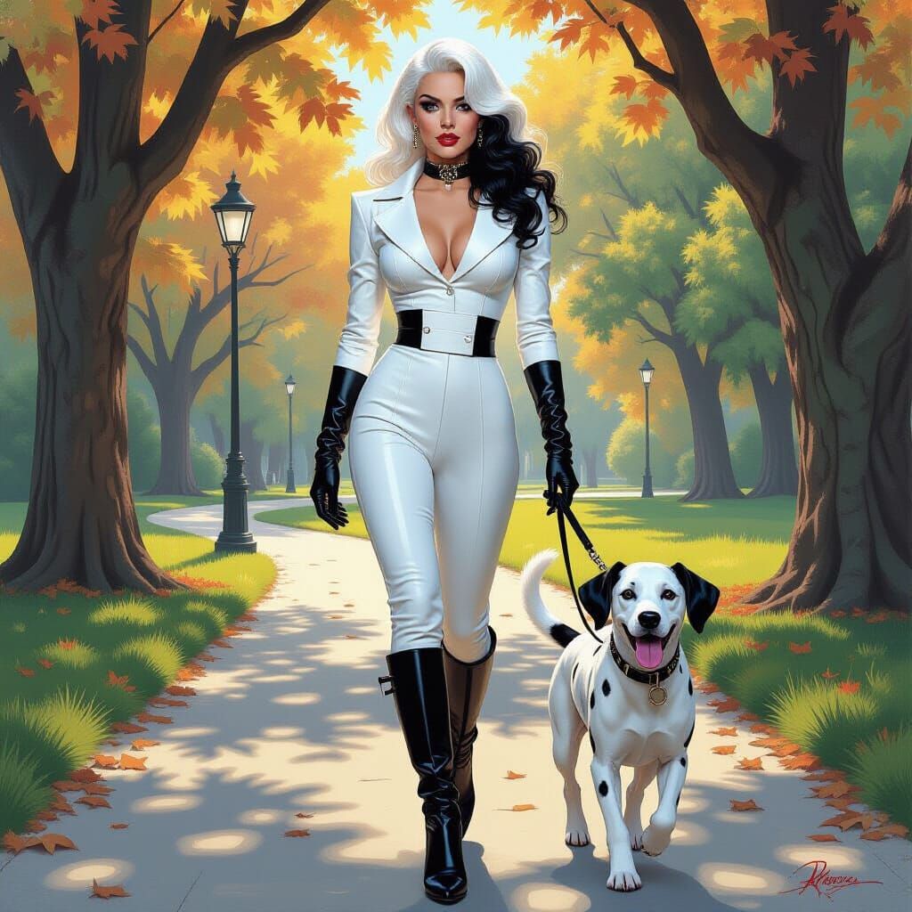 Cruella Walks a Dalmatian in a Detailed Fantasy Oil Painting