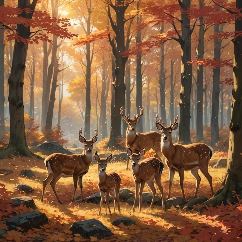 Sunlit Deer Family in Autumn Forest