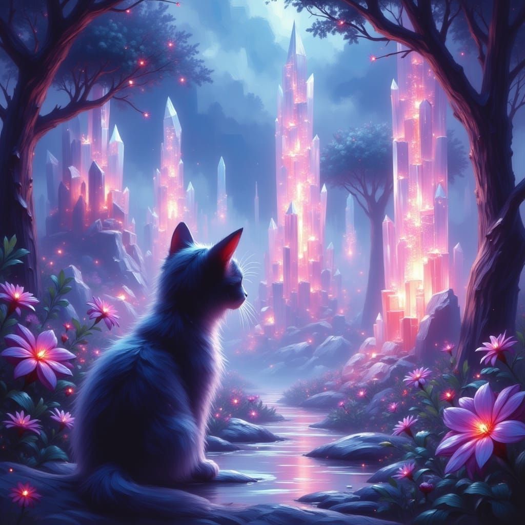 Cat Exploring a Surreal Landscape in Anime Style