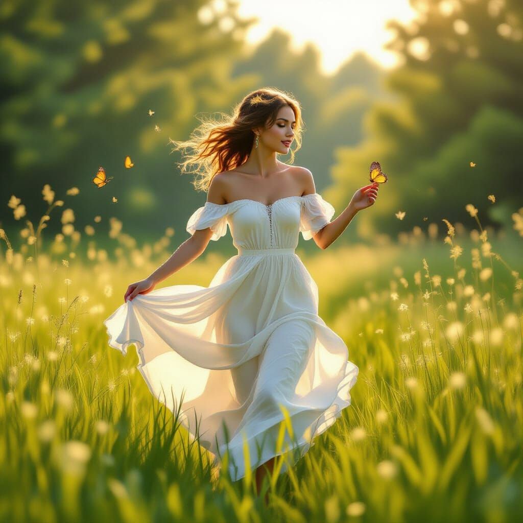 Woman Chasing Butterfly in Lush Meadow