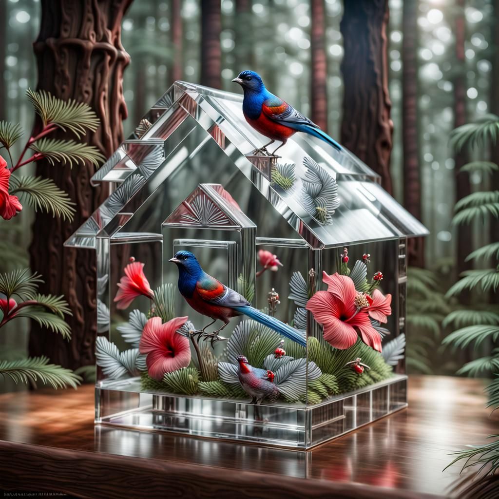 Glass Magpie House with Pheasants and Flowers