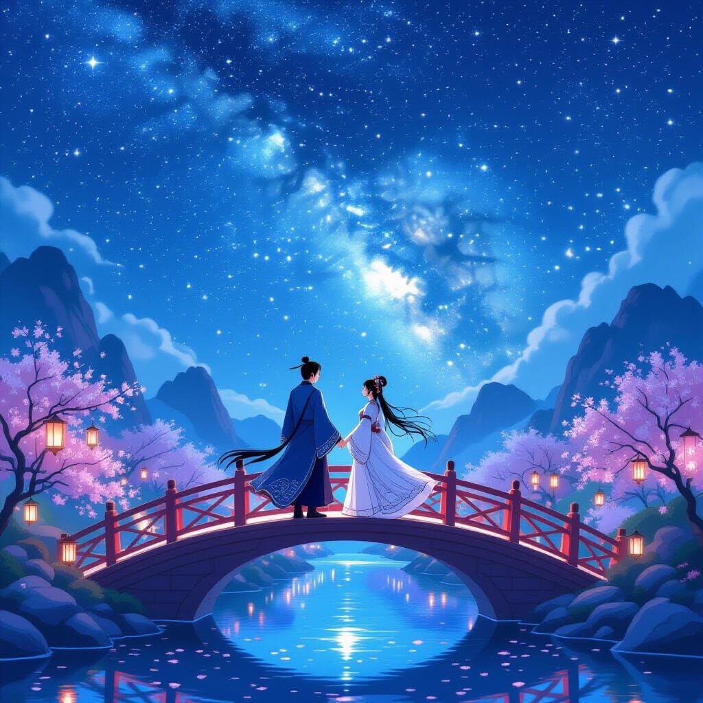 Romantic Couple on Magpie Bridge Under Milky Way