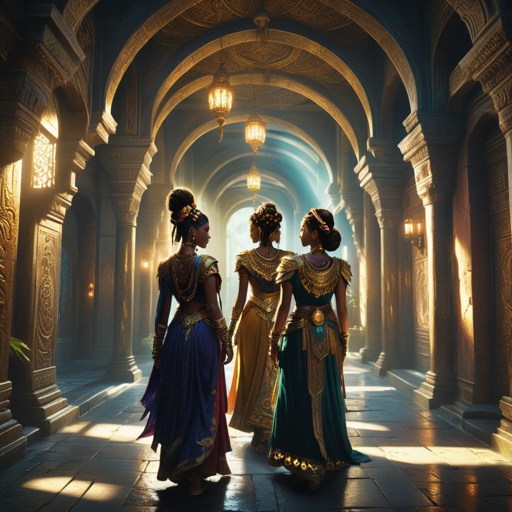 Mystical Hallway: Fantasy Concept Art of Popular Girls