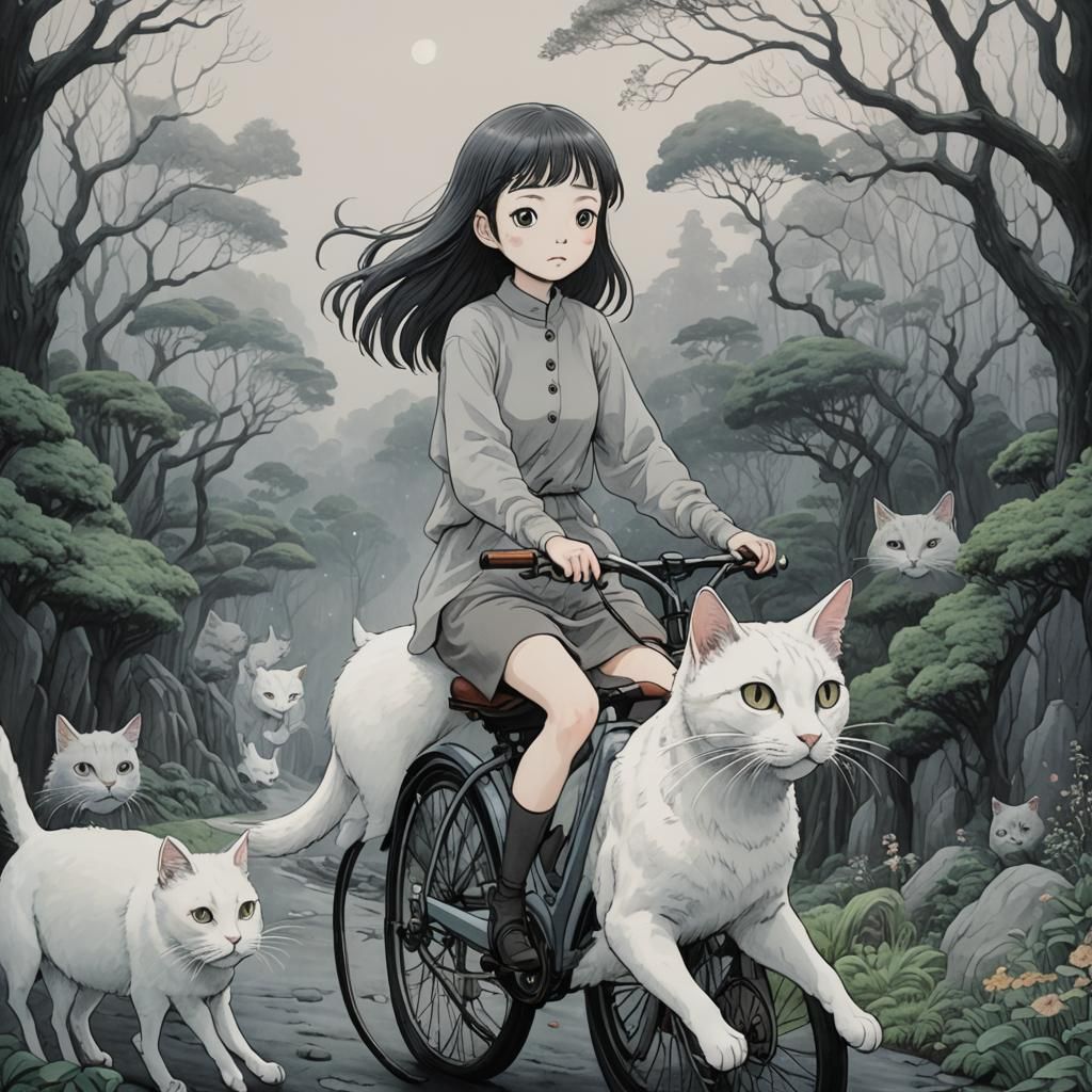 Girl Riding Cat in Ethereal Ghibli Landscape