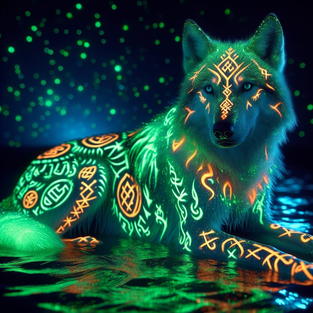 Bioluminescent Runes Tattooed on a Wolf