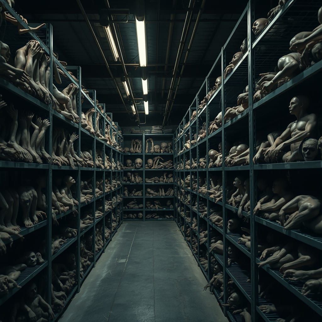 Surrealist Warehouse of Human Body Parts in a Dark, Industri...