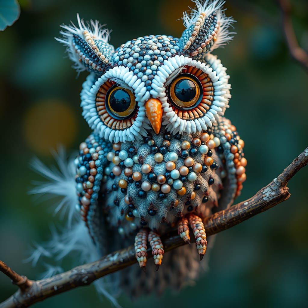 Intricate Beaded Owl Plushie on Branch, Hyperrealistic Style