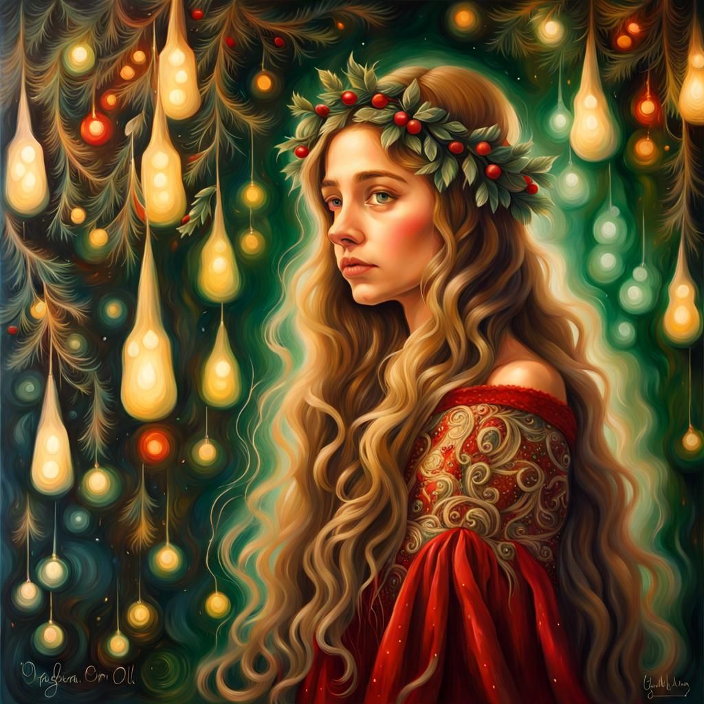 Girl in Christmas Lights: Renaissance Oil Painting