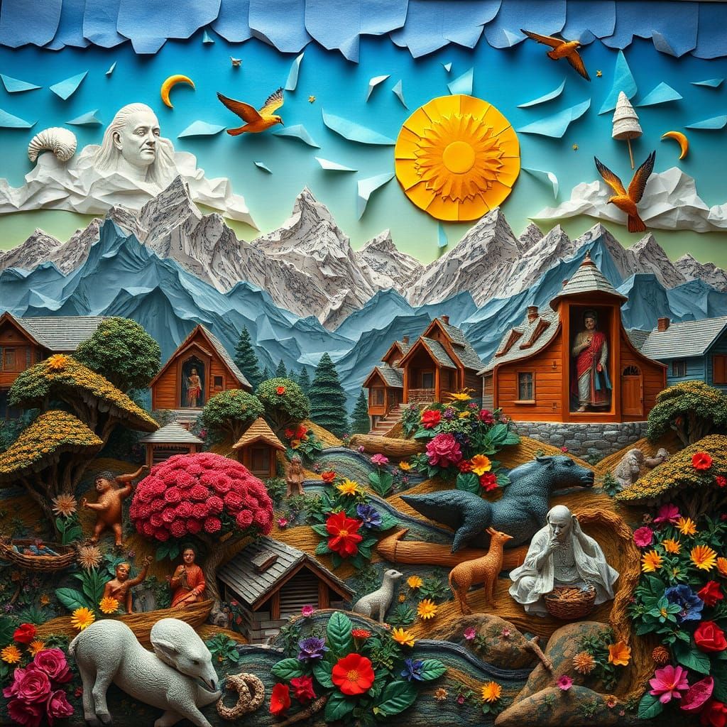 3D Collage Art: Surreal Landscape in Vivid Color