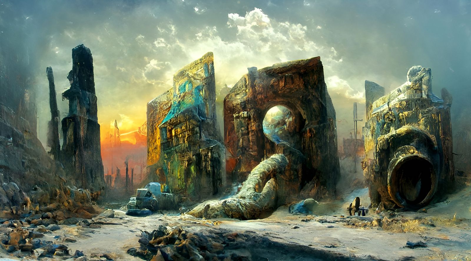 Ancient Ruins Under Cerulean Sky: Fantasy Horror