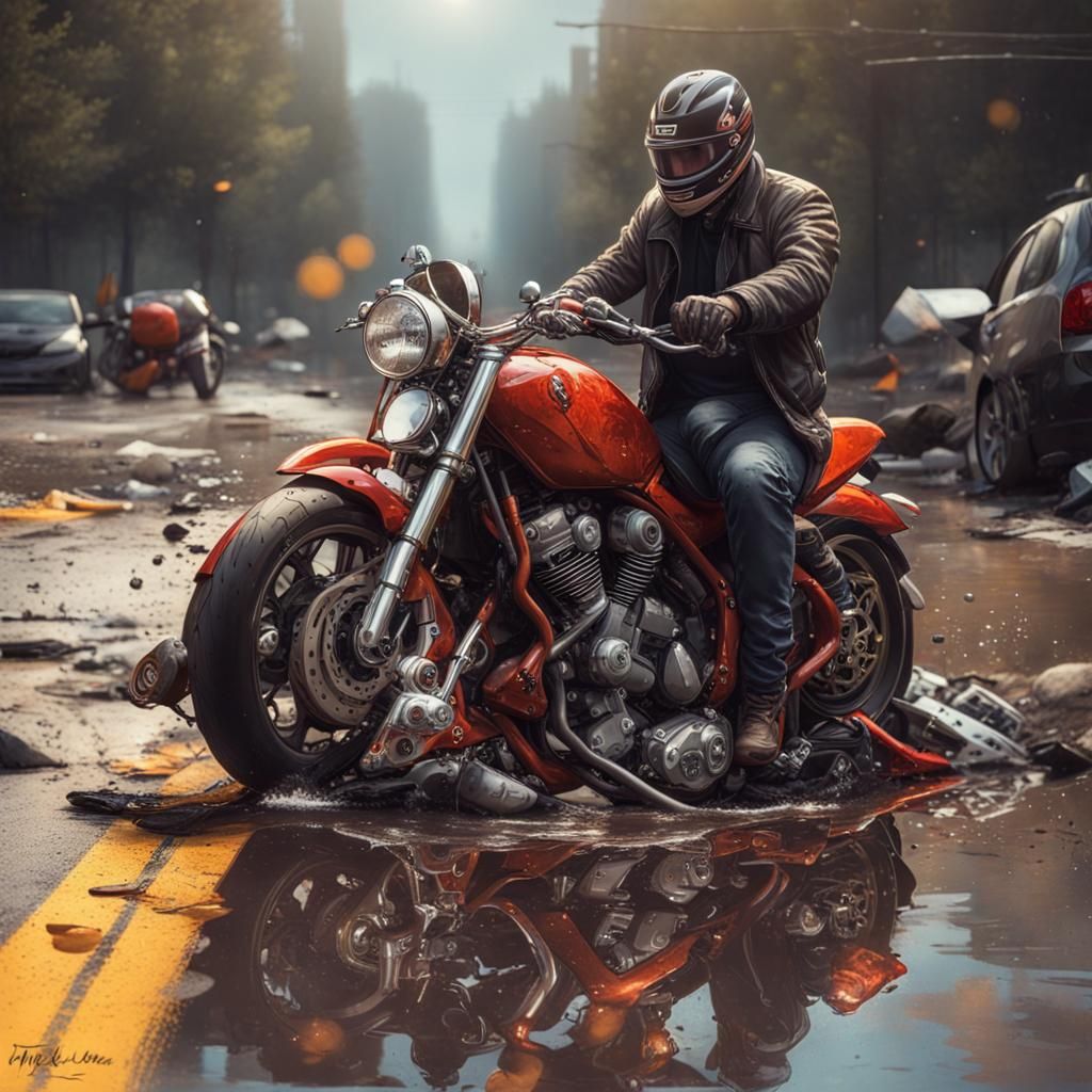 Motorcycle Accident in Hyperrealistic Splash Art Style