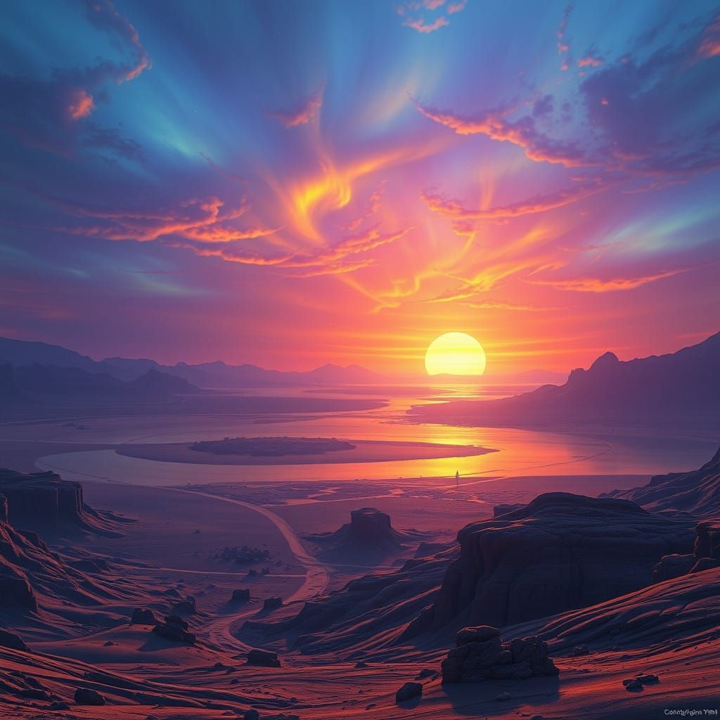 Otherworldly Dead Sea Sunset Landscape in Dark Fantasy Style