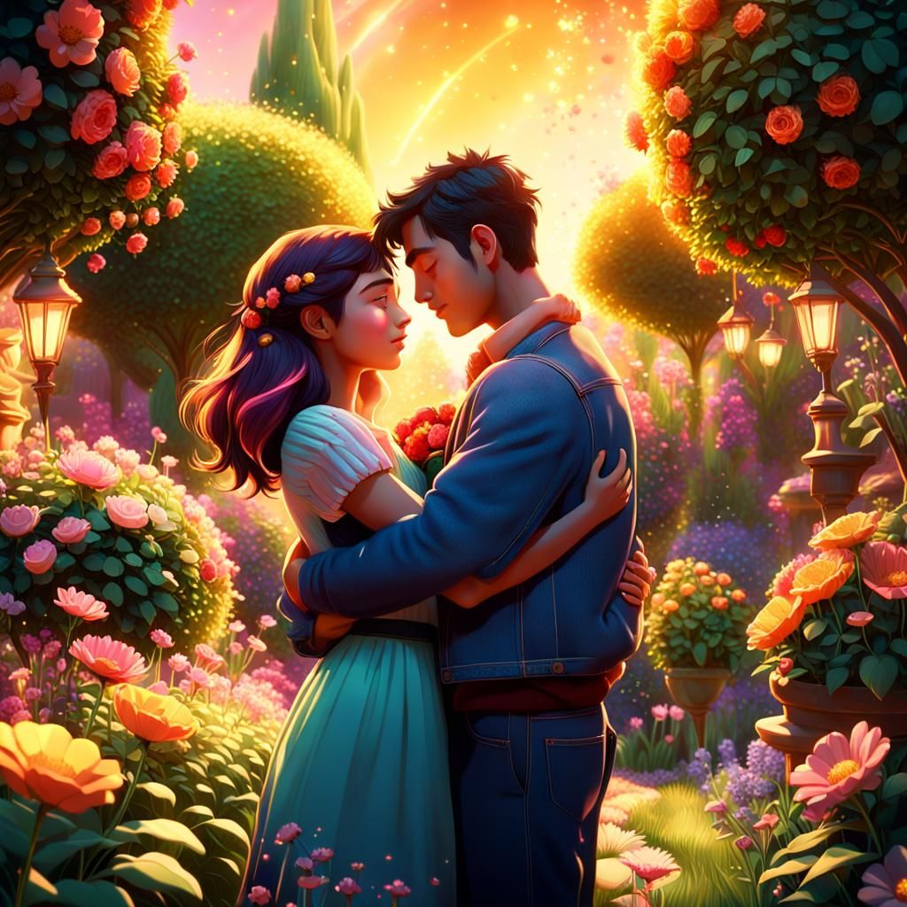 Romantic Couple Embrace in Blooming Garden, 3D Art