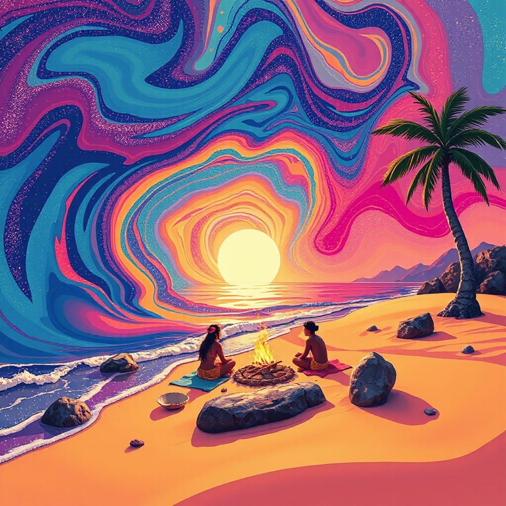 Psychedelic Beach Campfire with Liquid Light Waves