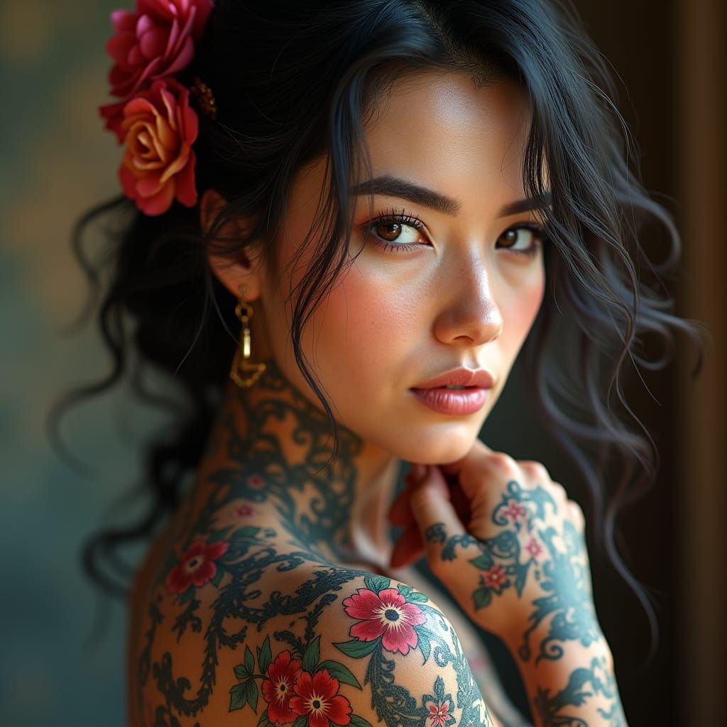 Female Portrait with Intricate Tattoos: A Digital Masterpiec...