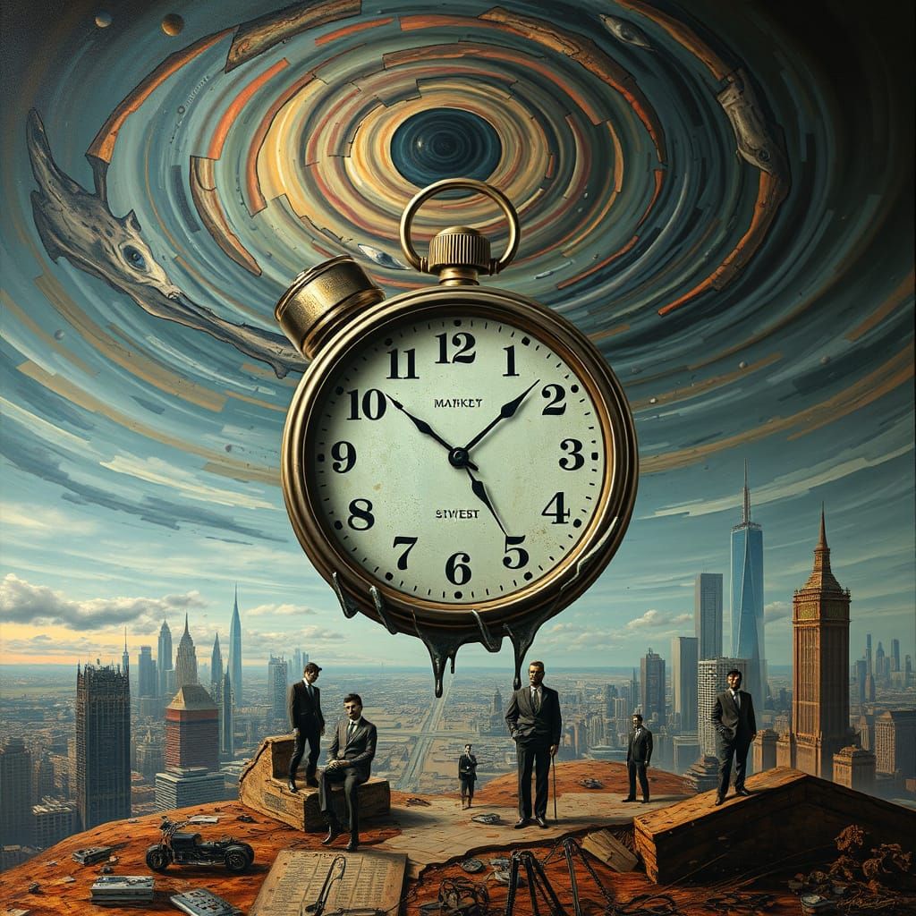 Melting Clock over Digital Ruins, a Surrealist Vision