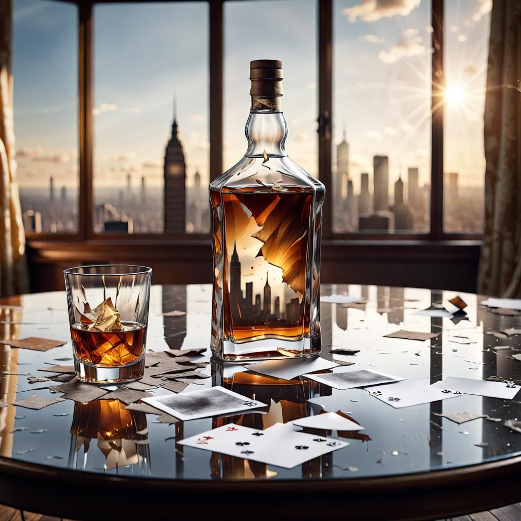 Shattered Ace on Glass Table with City View