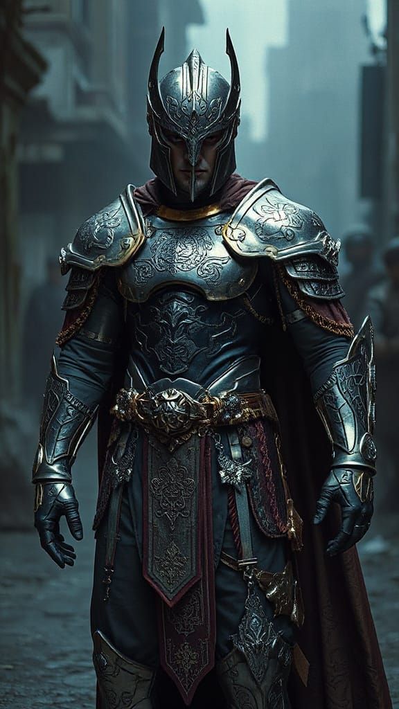 Cyberpunk Warrior in Ancient Chrome Armor