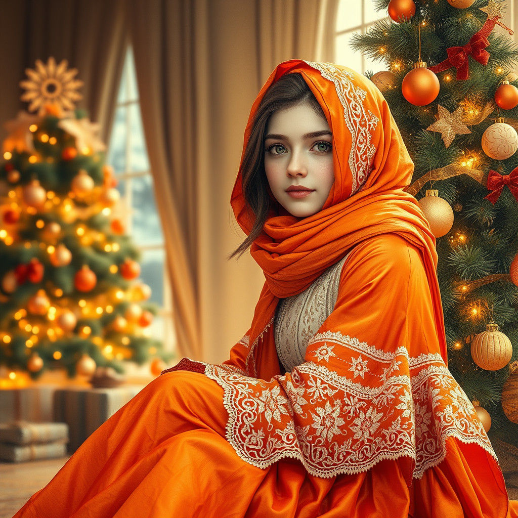Girl in Orange Scarf beside Christmas Tree, Digital Painting