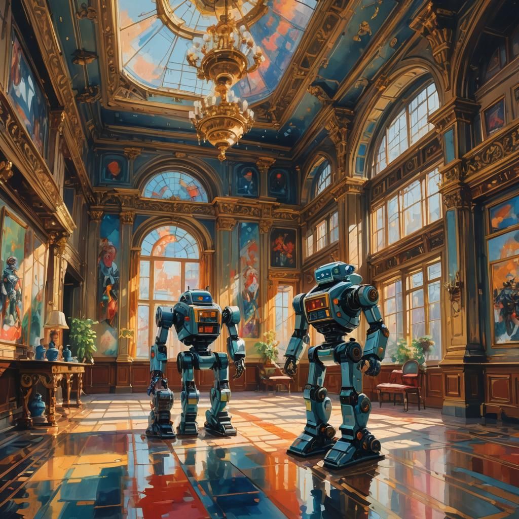 Robots in Opulent Room as Impressionist Painting