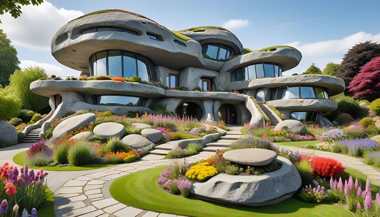 Alien Geode House in Lush Garden with Rock Formations