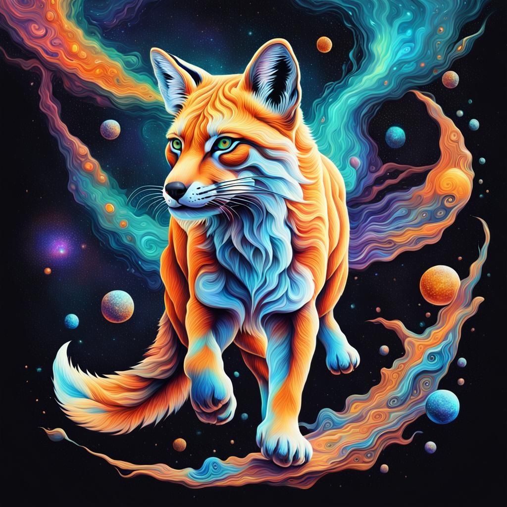 Fox and Cub: Cosmic Surrealism in Mixed Media