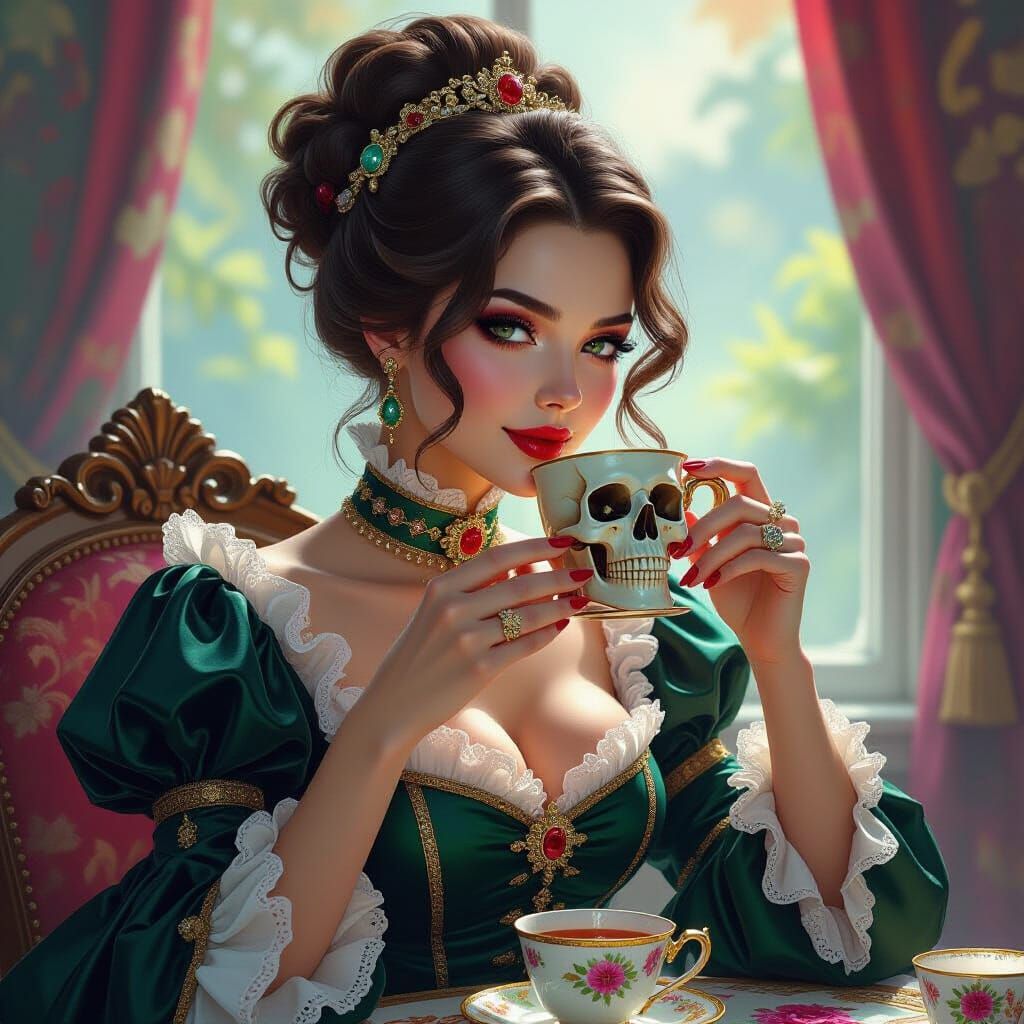 Victorian Lady Sipping Tea, Splash Art Style